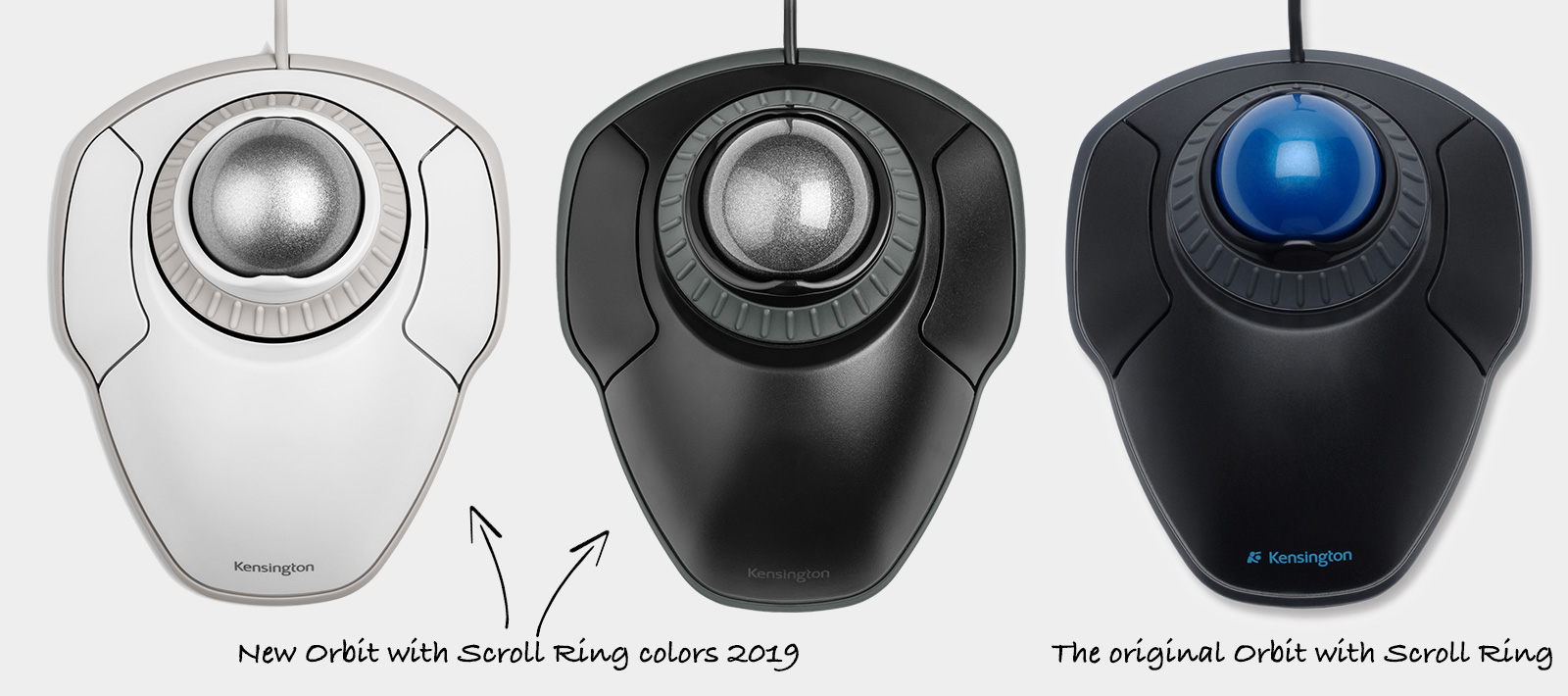 Comparing Kensingon Orbit Trackball with Scroll Ring three colors blue grey white 2019