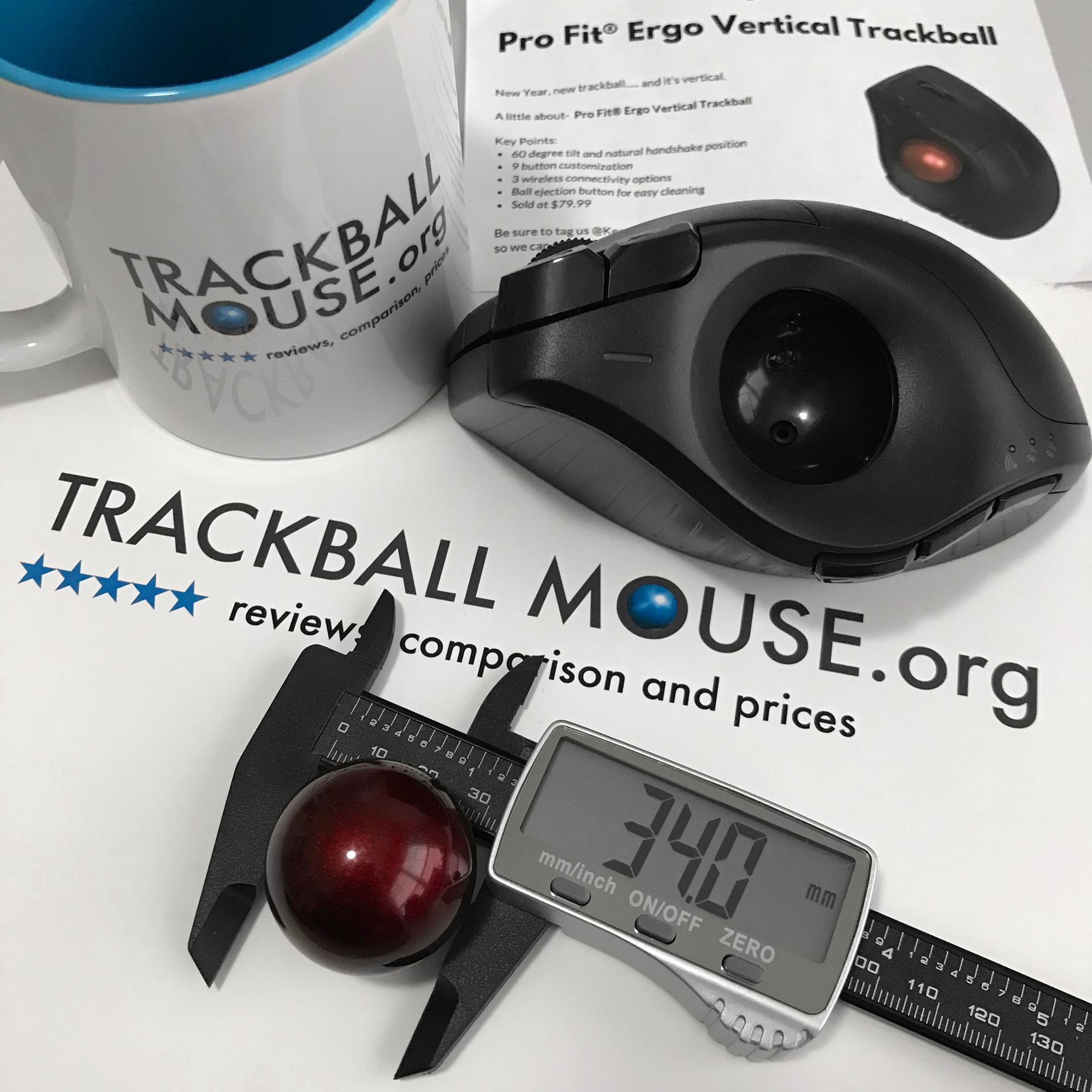 Kensington Pro Fit Ergo Vertical Wireless Trackball ball size